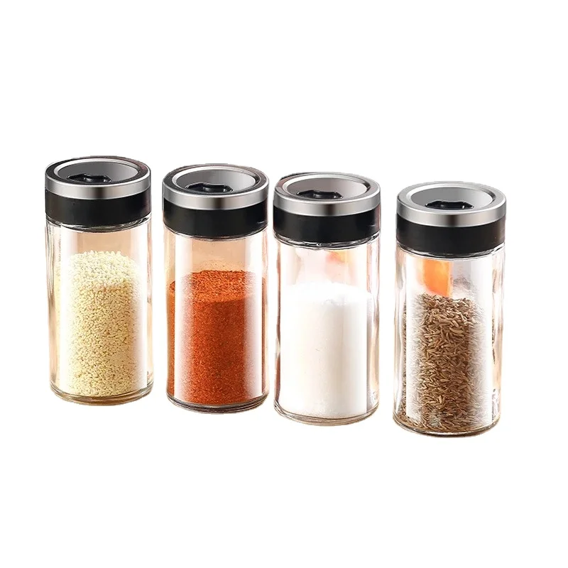 

Glass Spice Box Jar Stainless Steel Lid Condiment Pot Seasoning Glass Jar for Spice Kitchen Supplies Rotational Regulation, As shown