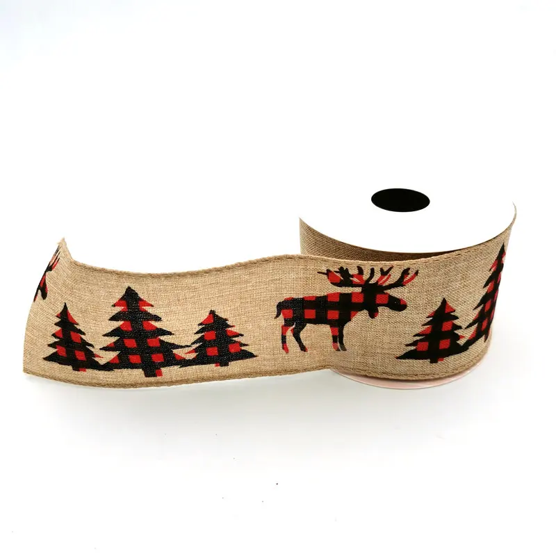

2021 New Arrival Christmas Tree Wreath Wrapping Decoration Reindeer Printed Wire Edge Faux Jute Ribbon 2.5"X 10 Yards, Any colors are available