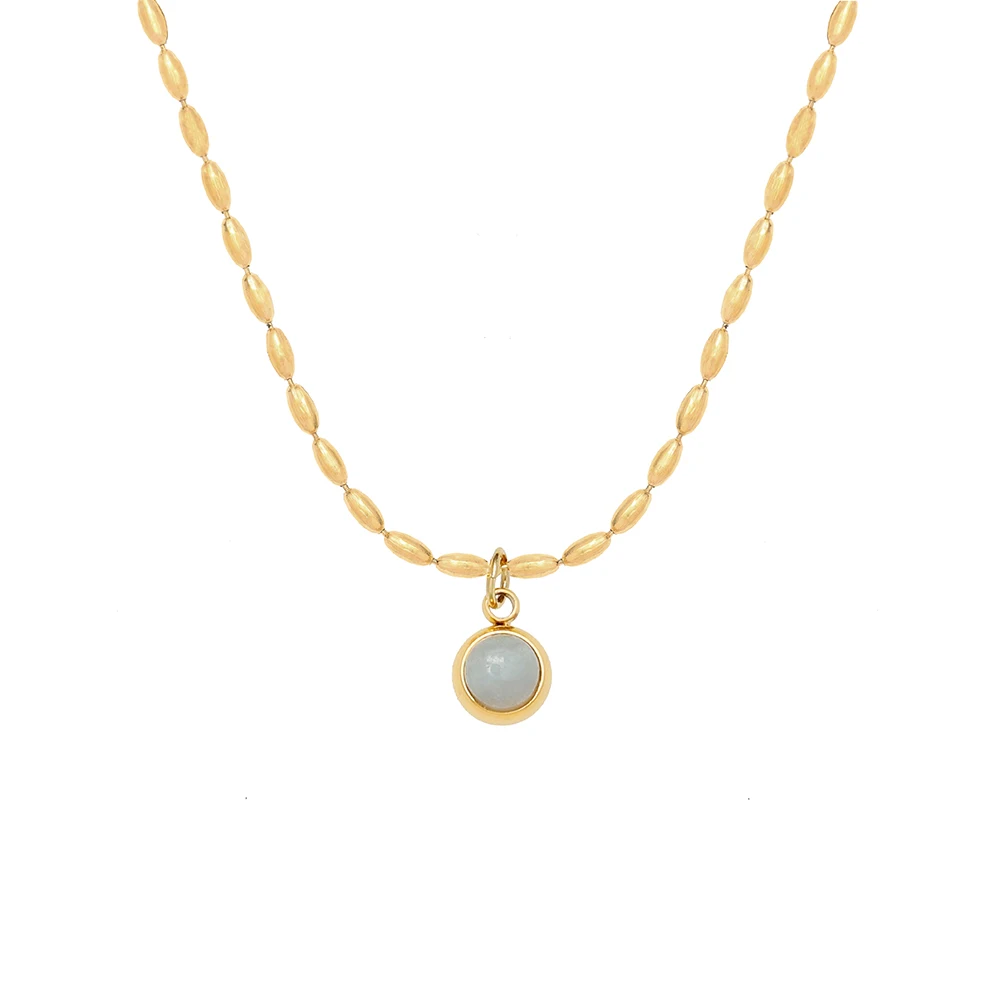 Joolim 18K Gold Plated Mung Bean Round Natrual Stone Pendant Bead String Necklace Stainless Steel Tarnish Free Summer Jewelry