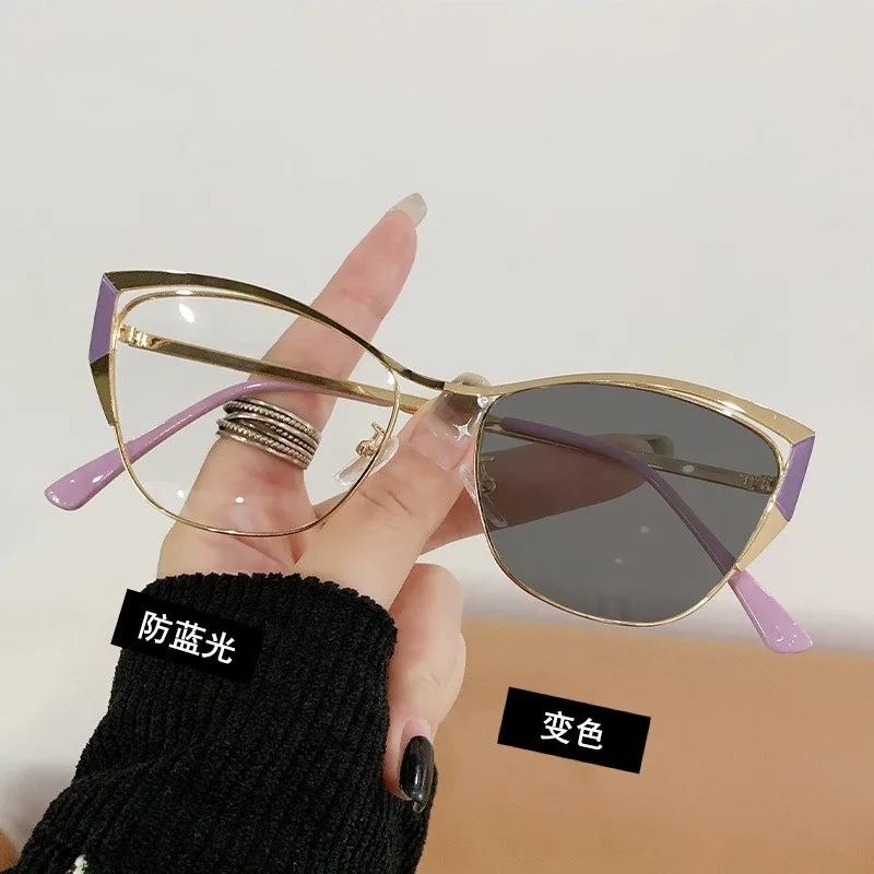 

2023 New fashion metal color changing optical photochromic cat eye anti blue light glasses frame for women