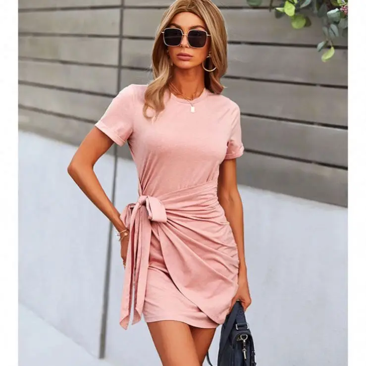 

FORLADIES New Style Summer Short Sleeve Solid Color Robe Femme Woman Casual Dress Women 2021 Dresses