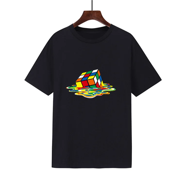 

Casual Round Neck Solid Color Short Sleeve T Shirt With Custom Melting Rubik's Cube Printed Tshirt Mens, As picture/custom