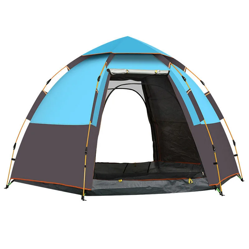 

New full-automatic outdoor camping tent thickened double beach 5-8 people hexagonal tent, Chocolate /blue