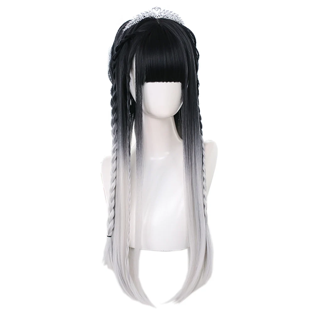 

Ink Black Gradient White Rose Net Long Straight Synthetic Hair Wig Lolita Japanese Natural Air Bangs Cosplay Party Wig, Pic showed
