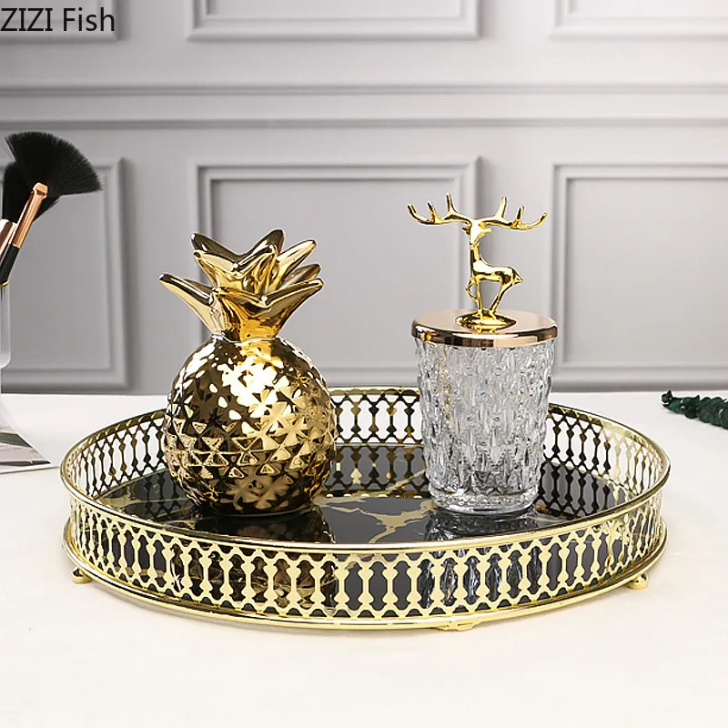 

Nordic Vintage Home Decor Tempered Glass Mirror Metal Round Black Golden Texture Marble Decorative Tray Dressing Table