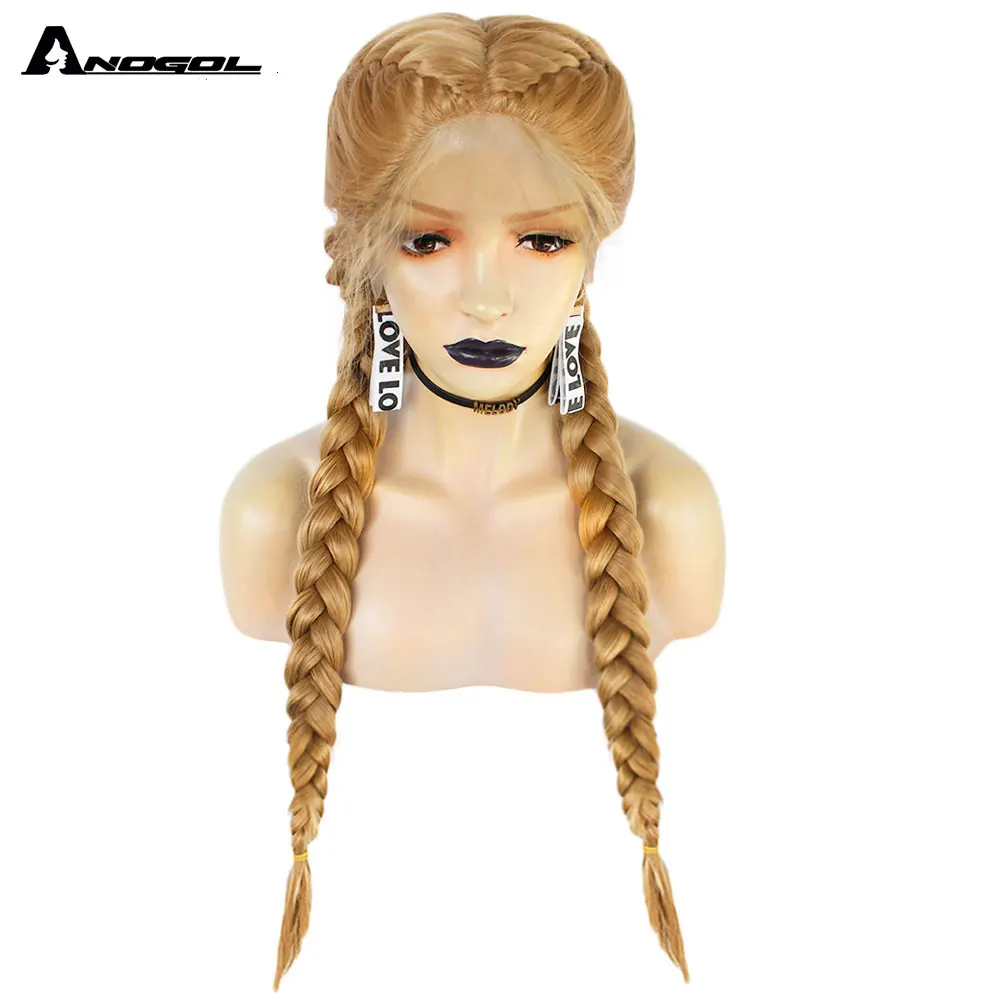 

Anogol Pre Plucked Long Double Braids Brown Dark Roots Synthetic Braided Lace Front Wig With Baby Hair, Black brown dark