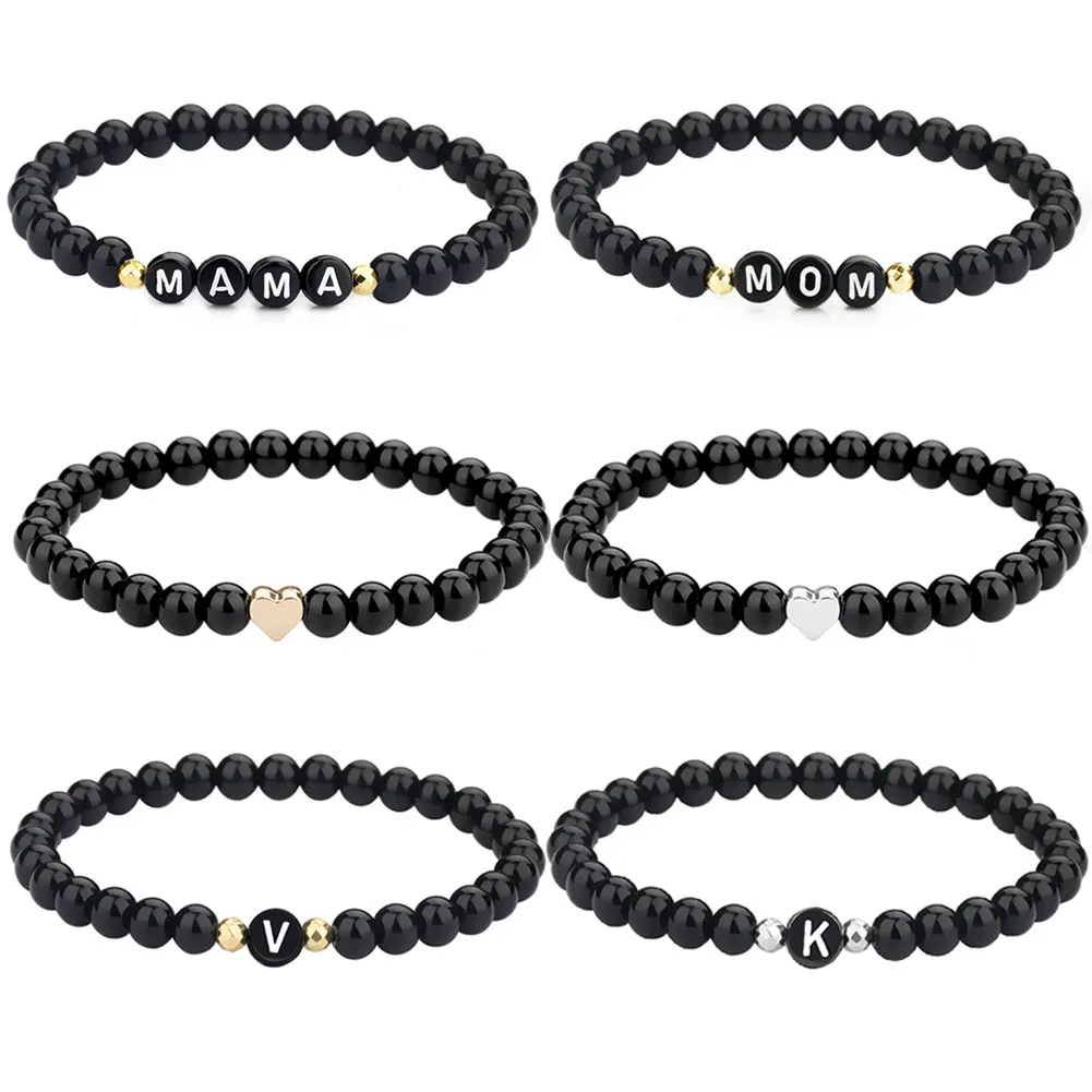 

Handmade A-Z Letter Bracelets for Men Women Couple jewelry 6mm black & white Beads Bracelets Custom Boyfriends Girlfriends gift, As picture