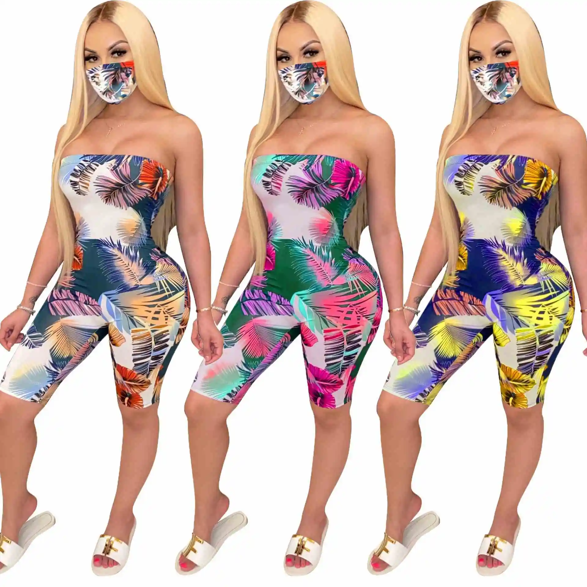 

Cross-border supply of European and American printed casual jumpsuits with breast patch (mask)