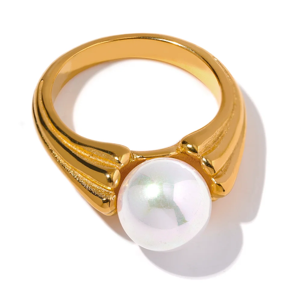 

JINYOU 1789 Tarnish Free Stainless Steel Shell Pearl Fashion Ring 18K Gold Color Charm Stylish Vintage Jewelry for Women