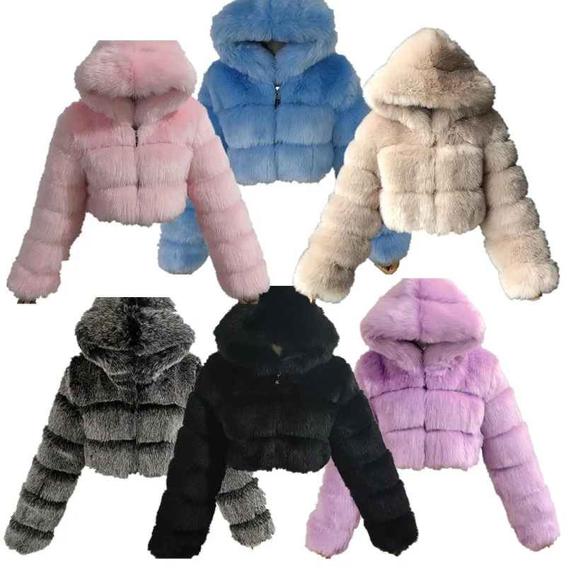 

Wholesale ladies pink fur bubble coats winter crop faux fur hood jacket women