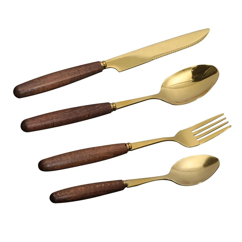 

4-Piece Western Flatware Cutlery Set Durable Stainless Steel Tableware Wooden Handle Gold Dinnerware Spoons And Forks Set