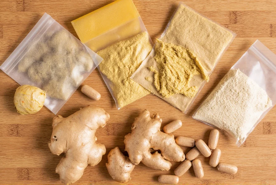 Various forms of ginger for digestion: fresh root, tea bags, powdered ginger, and capsules arranged on wooden surface