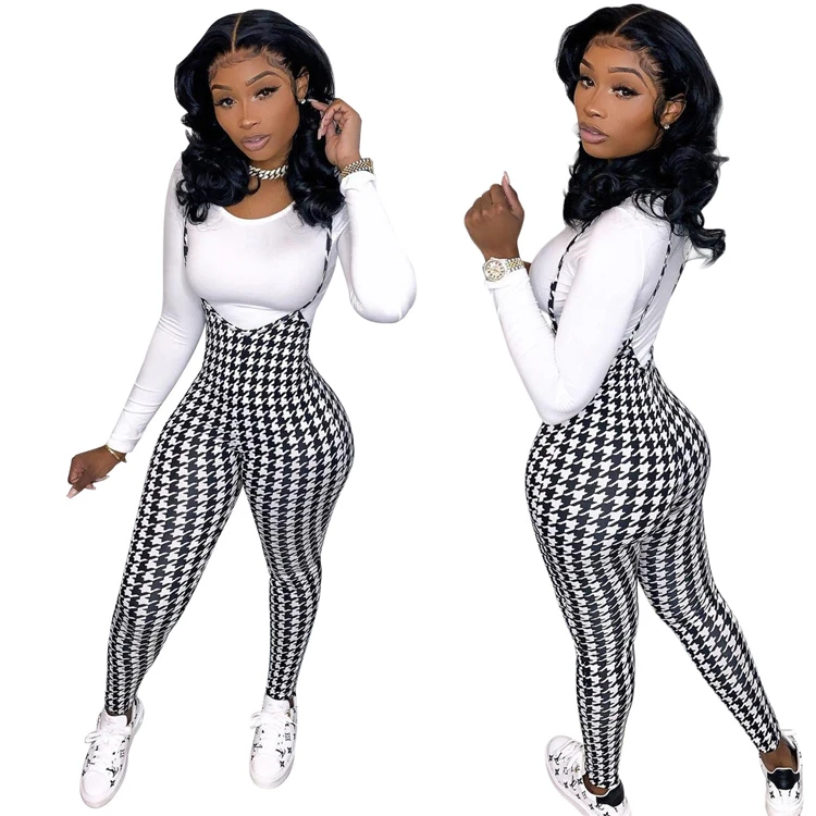 

D96001 Women's winter trousers & pants sexy sets two piece slim long sleeves t-shirt printed suspenders woman long pants set