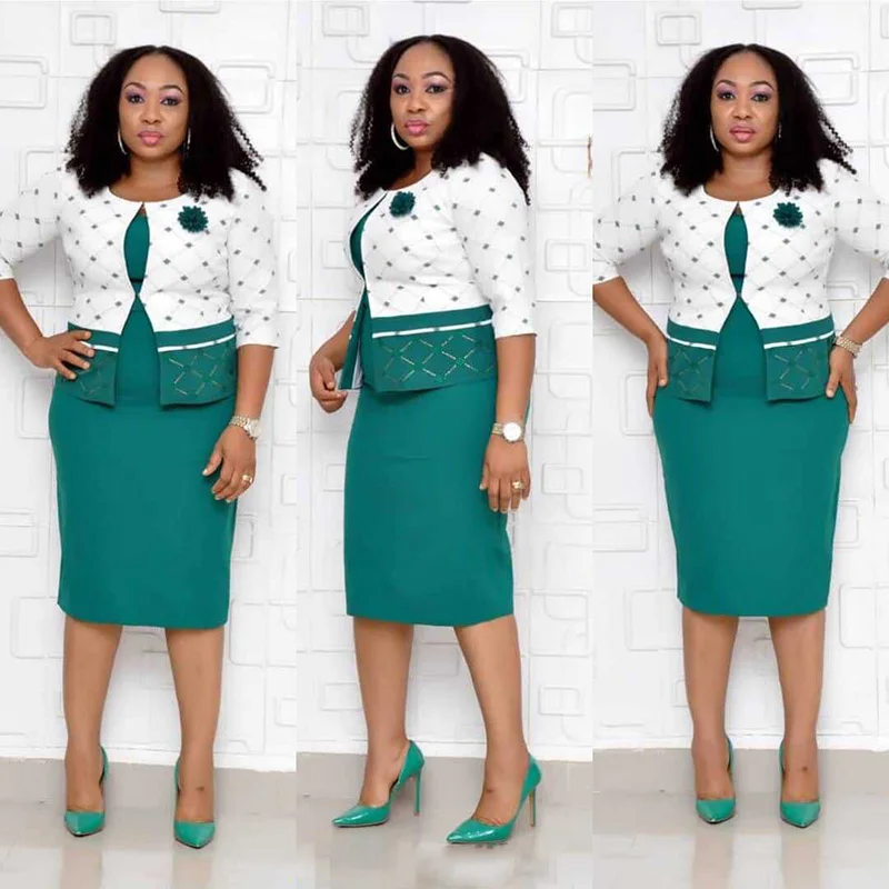 

Woman Summer Midi Fitted African Dresses Printed Floral Two Piece For Office Work