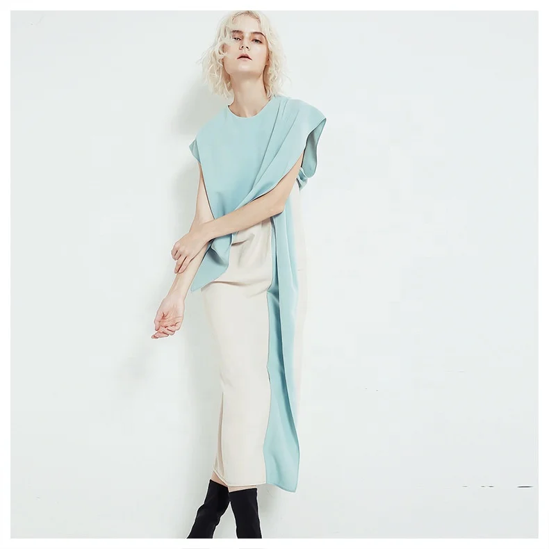 

Summer Ladies Temperament High Waist Ruffled Cuffs Length Korean Dress Long Maxi Dresses Women, Blue/black