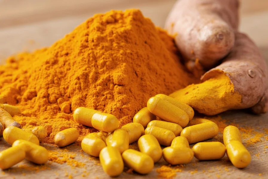 Close-up view of fresh turmeric root, ground turmeric powder, and curcumin supplement capsules arranged on a wooden table