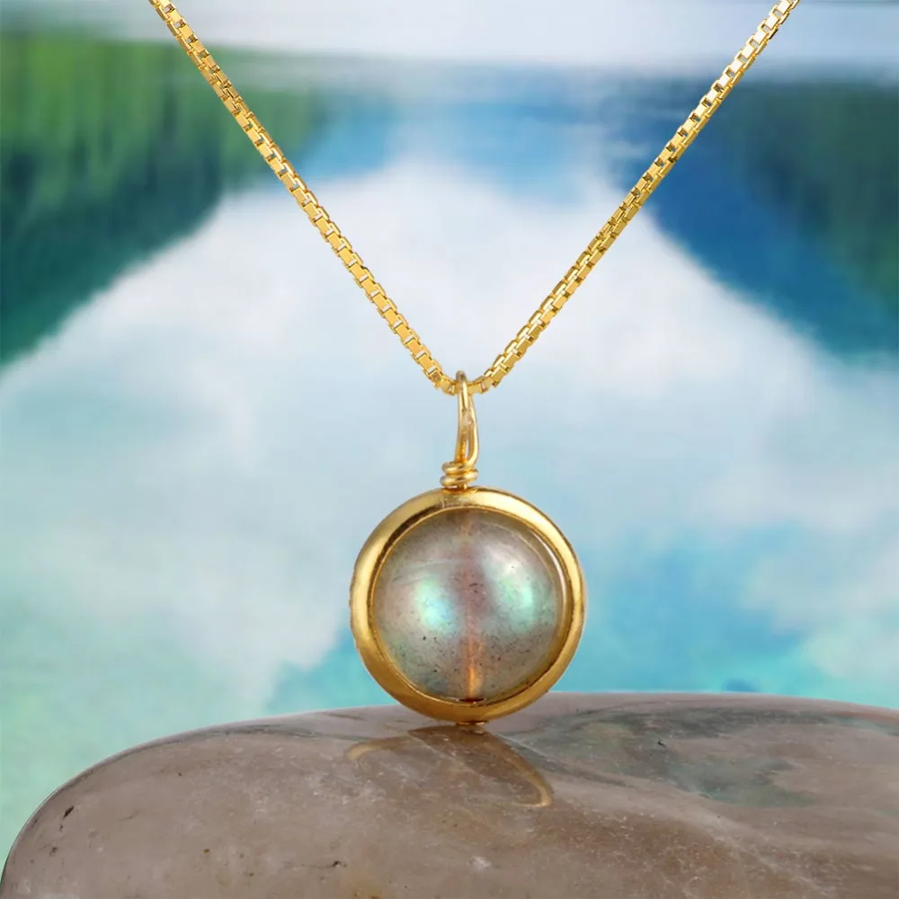

2021 New Luxury 925 Sterling Silver Gold Silver Moonstone Necklace Natural Labradorite Stone Pendant Necklace for Women