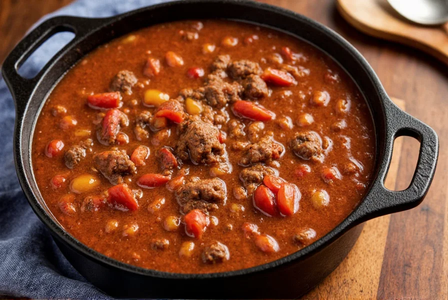 Authentic Texas-style beanless chili in cast iron pot with ground beef, tomatoes, and spices