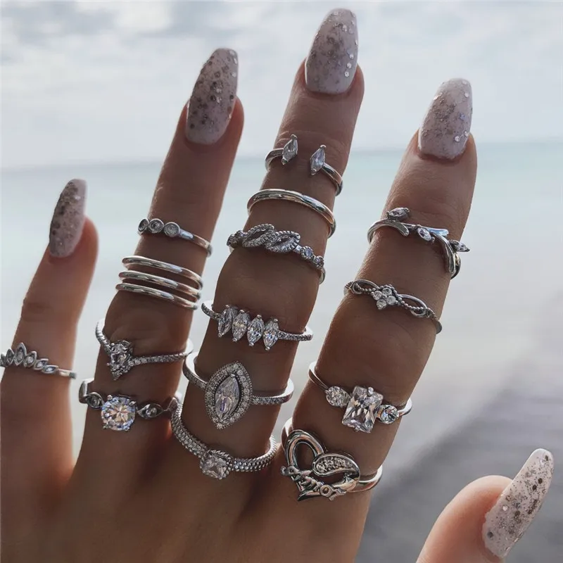 

Aug jewelry hot-selling wholesale Bohemian love leaf diamond new 15-piece ring set