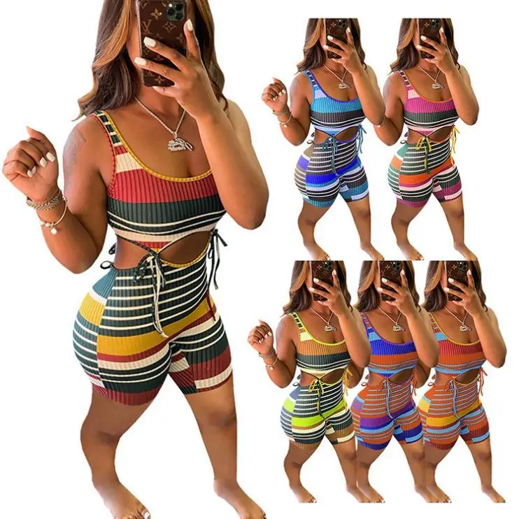 

OSINA Amazon 2021 Striped Sleeveless Crop Top Hollow Out Bandage Shorts Women Casual Summer Two Piece Jumpsuits Set