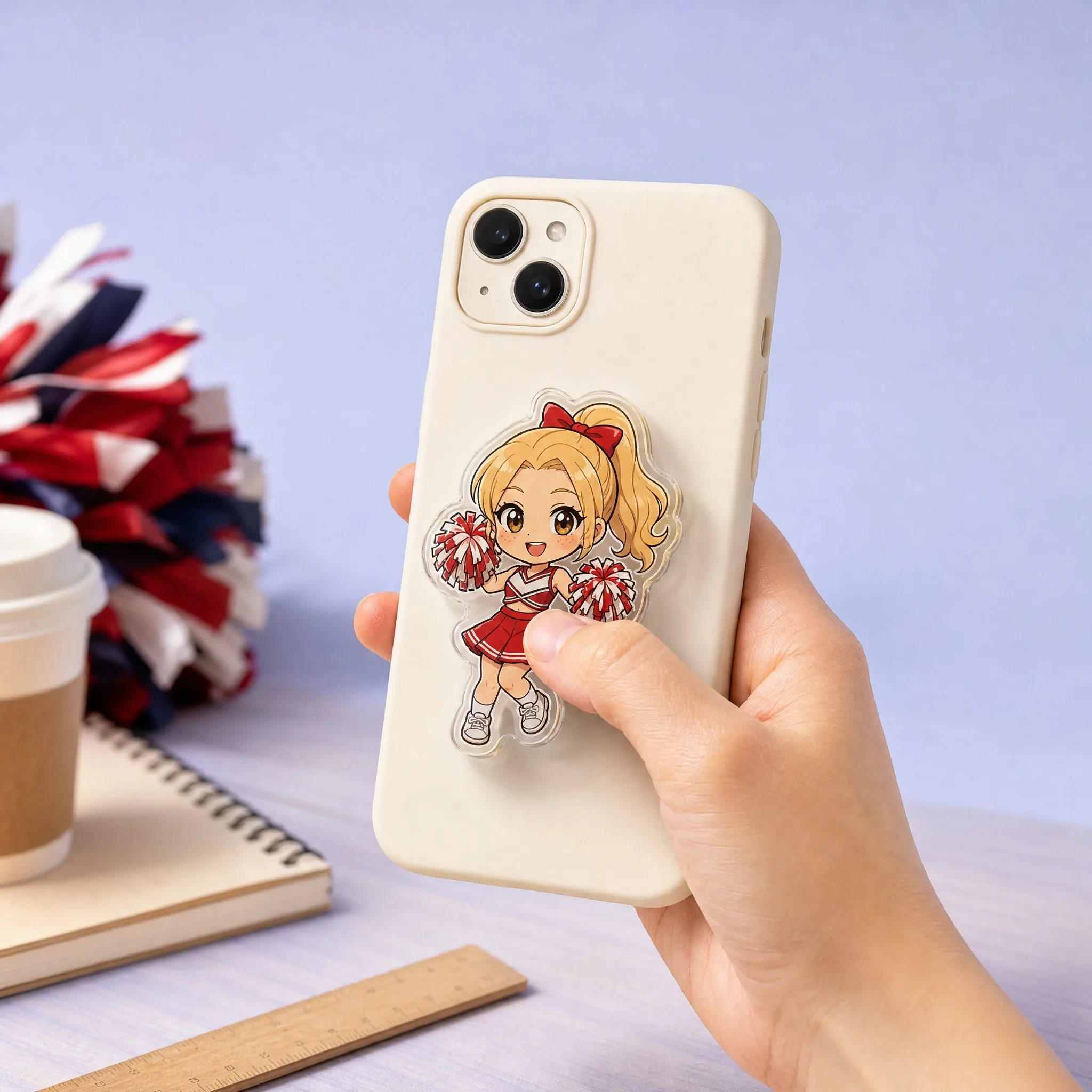 Real Lifestyle In-Hand Hold of Cheerleader Anime Acrylic Phone Grip on White Smartphone Case in Study Room