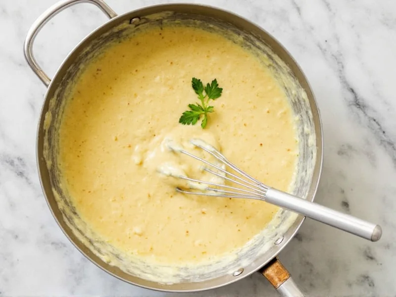 Whisking alfredo sauce in skillet with fresh parsley garnish