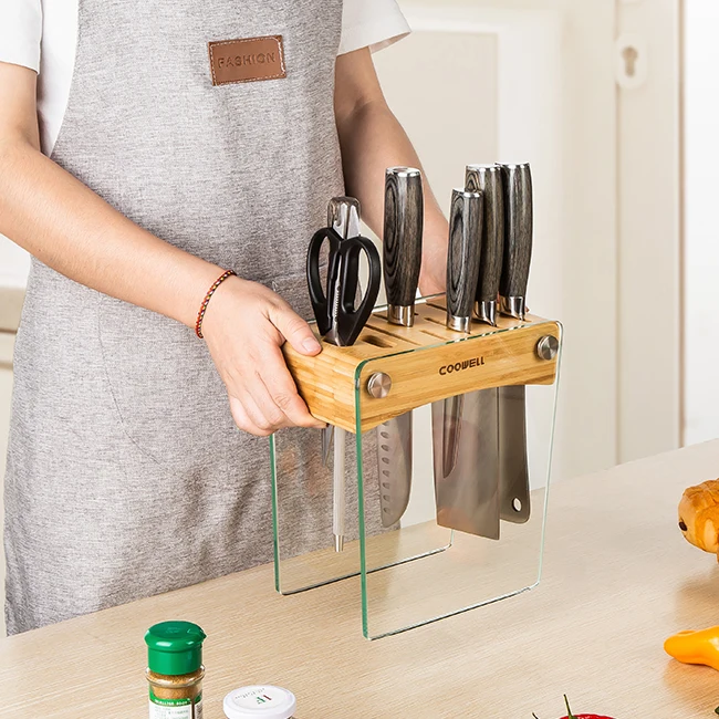 

High Quality Durable Tempered Glass Bamboo Magnetic Knife Block Holder