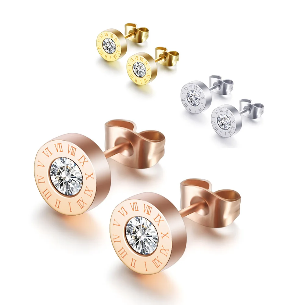 

New Design Roman Numerals Gold Plated Zircon Earrings Korean Good Quality Stainless Steel Diamond Stud Earrings For Couple