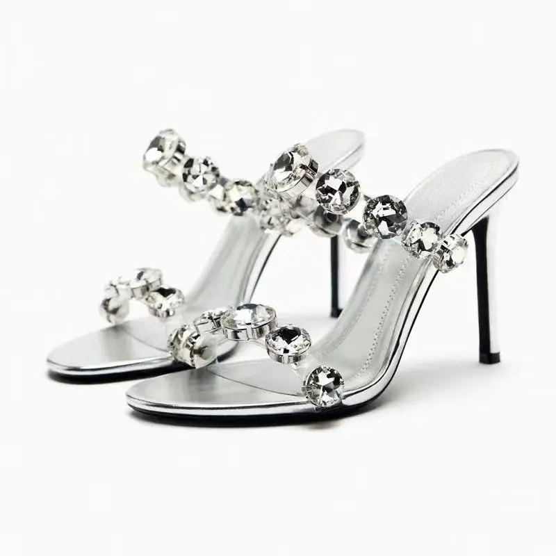 

Latest Fashion Estilo De Tacones Rhinestone Square Toe Sandals Silver Heels for Ladies