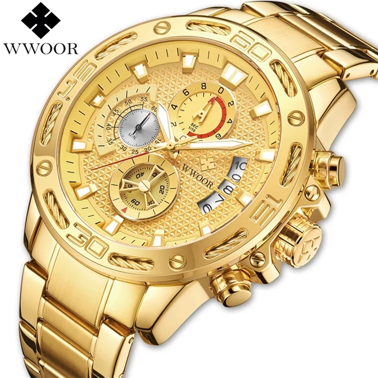 

WWOOR 2021 Fashion Big Dial Mens Watches With Stainless Steel Luxury Brand Gold Sports Chronograph Quartz Watch Men Reloj 8879