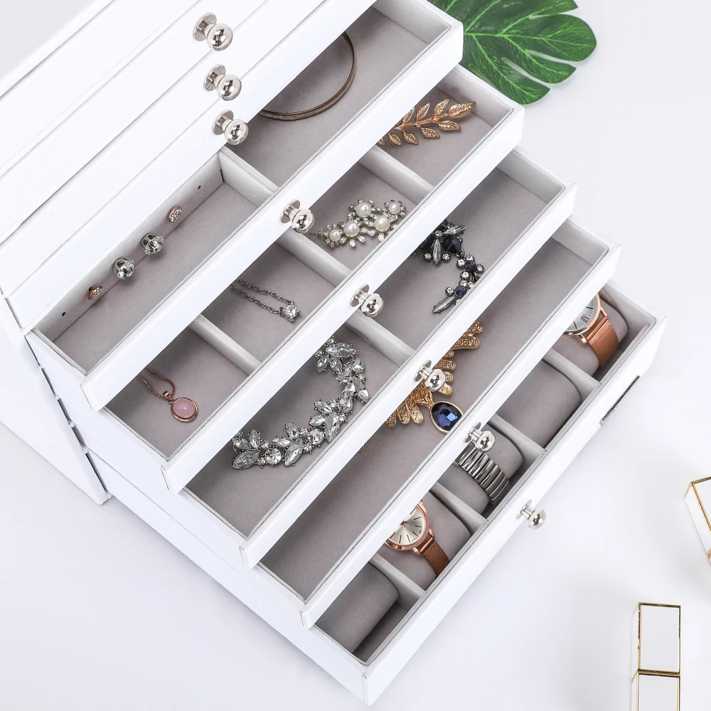

2020 new fashion high end multi-layer leather cosmetic jewelry box  organizer in white custom logo