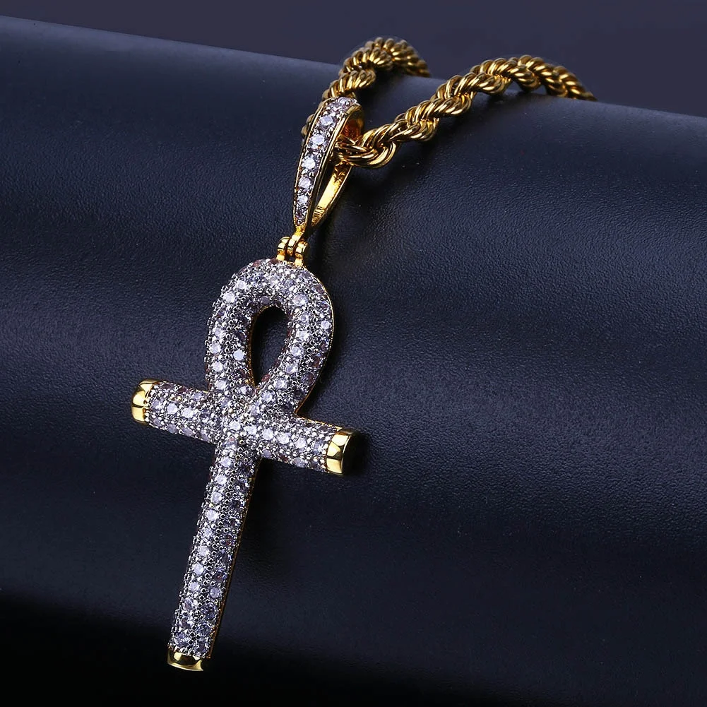 

New Solid Ankh Cross Pendant Cubic Zirconia Chains Gifts Hip Hop Micro Pave CZ Stones Egyptian Style Necklace Pendants Men Women