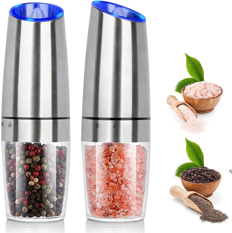 

Gravity Electric Pepper Grinder set of 2 Automatic Salt and Pepper Mill Grinder, Battery Powered Adjustable Roughness Blue LED, Silver