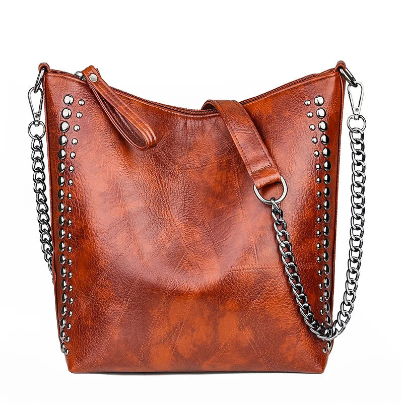 

High Quality Punk PU Leather Bag Rivet Bucket Bag Studded Crossbody Bag, 8 colors