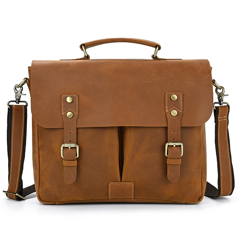 

Luufan Men's Crazy Horse Leather Briefcase Vintage Flap Genuine Leather Laptop Bag 14" Quality Business Bag Work Shoulder bags