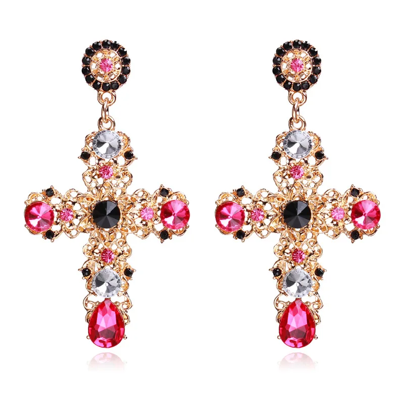 

Pop jewelry Baroque retro court hollowed-out rhinestones star street shot cross earrings