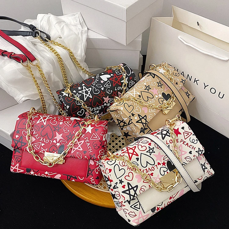 

2021 Ladies Fashion Cute 4 Colors in Stock Graffiti Purses and Handbags for Women, Khaki/red/black/white