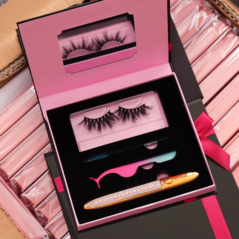 

25mm mink lashes box set with tweezers 100% real fur fluffy 6d custom packages book eyelashes, Black color