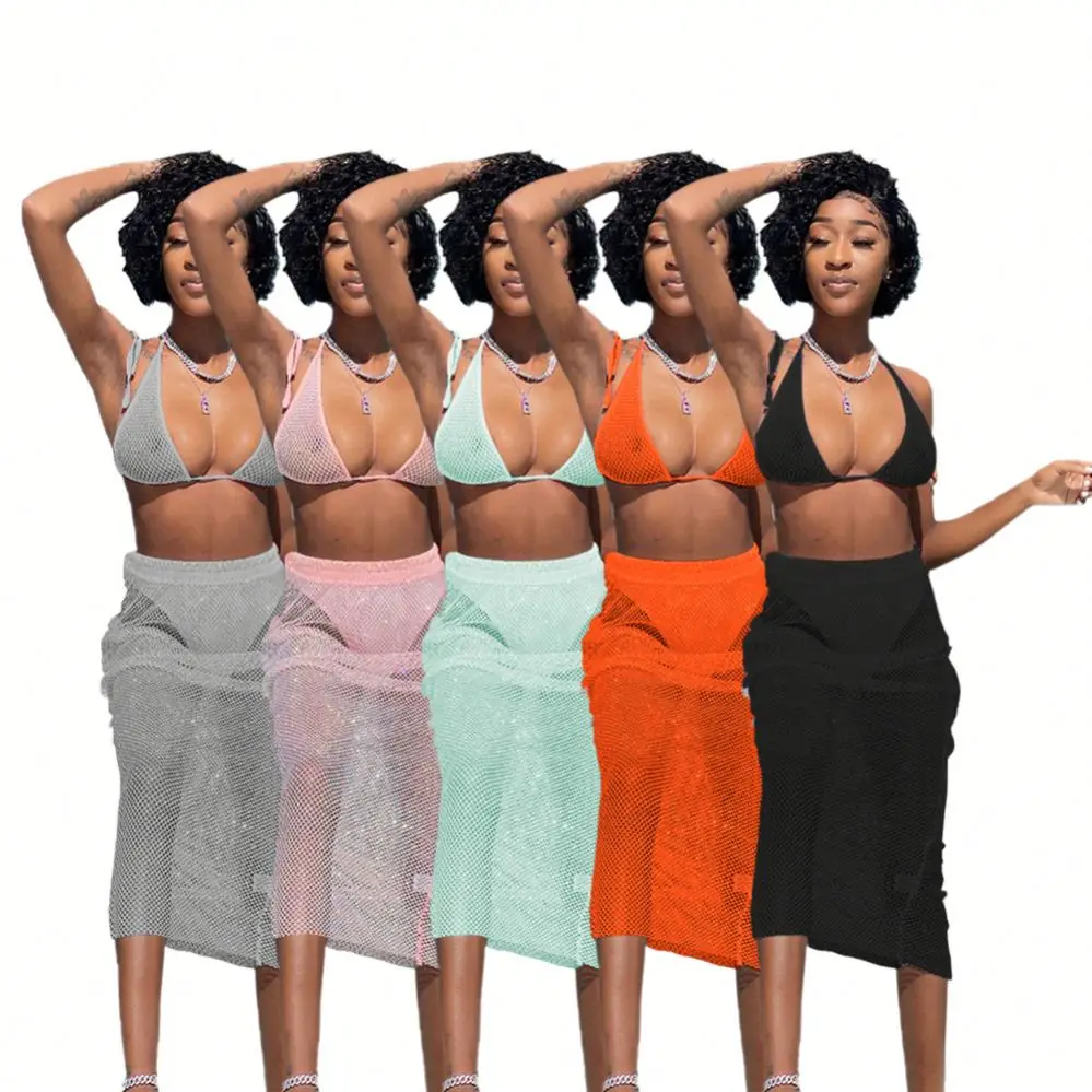 

S-2XL Higth Quality 2 Piece Swimsuit Set Mesh Fabric Sexy Halter Womens Swimwear Bikini Backless Bikini, As picture