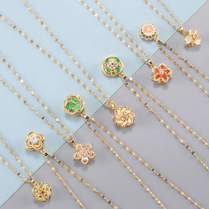 

Minimalist Stainless Steel Lip Chain Necklace Colorful Zircon Necklace Rotatable Flower Necklace For Women