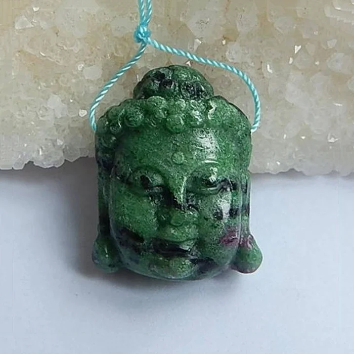 

Carved Buddha Pendant Kuanyin Chi Natural Ruby and Zoisite Unique Semiprecious Carving 30x25x13mm 11.4g