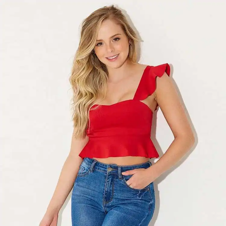 

fabric clothing red sleeveless frill strap crop top