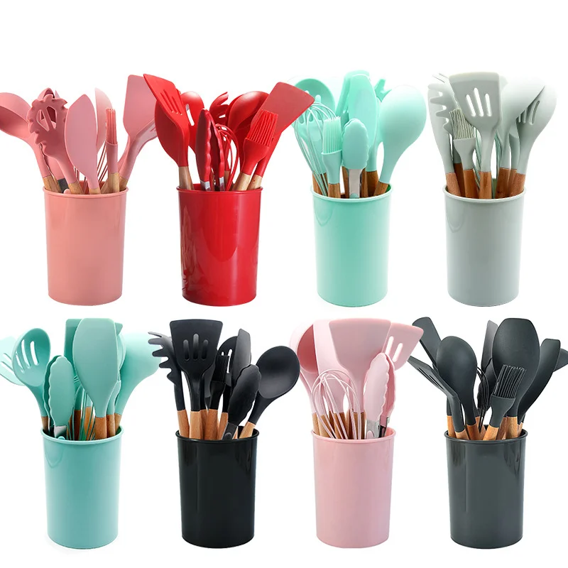 

Factory wholesale 12 pcs Wooden Handle Cooking Tools Accessories Gadgets Silicone Kitchen Utensil Set, Black,red,pink, green, light green