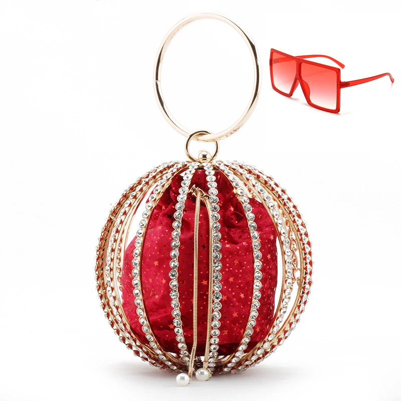 

Wholesale summer combination rhinestone round handle cage ladies handbags women chain bags purse and glasses set, 6colors