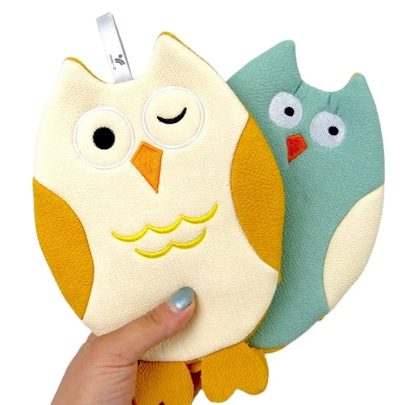 

2020 new design cute animal shape Hot selling owl mittens Scrub Body Shower Natural Exfoliating baby Bath Mitt suit, Orange/green