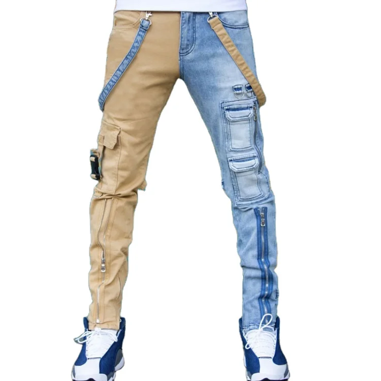 

Wholesale in stock hip hop plus size patchwork with ribbons ripped cargo skinny jeans men's jeans