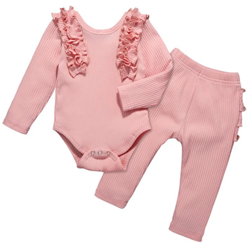 

New Boutique Spring Autumn pink baby Girls knit o neck ruffle solid romper and pants head band 3 pcs Clothing Sets, Picture