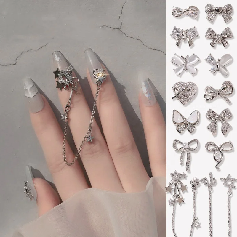 

1pcs/Set Nail Art Accessories Bow Jewelry 2021 New Silver Zircon Diamond Nail Decoration Chain Charm Nail Decoration, Picture