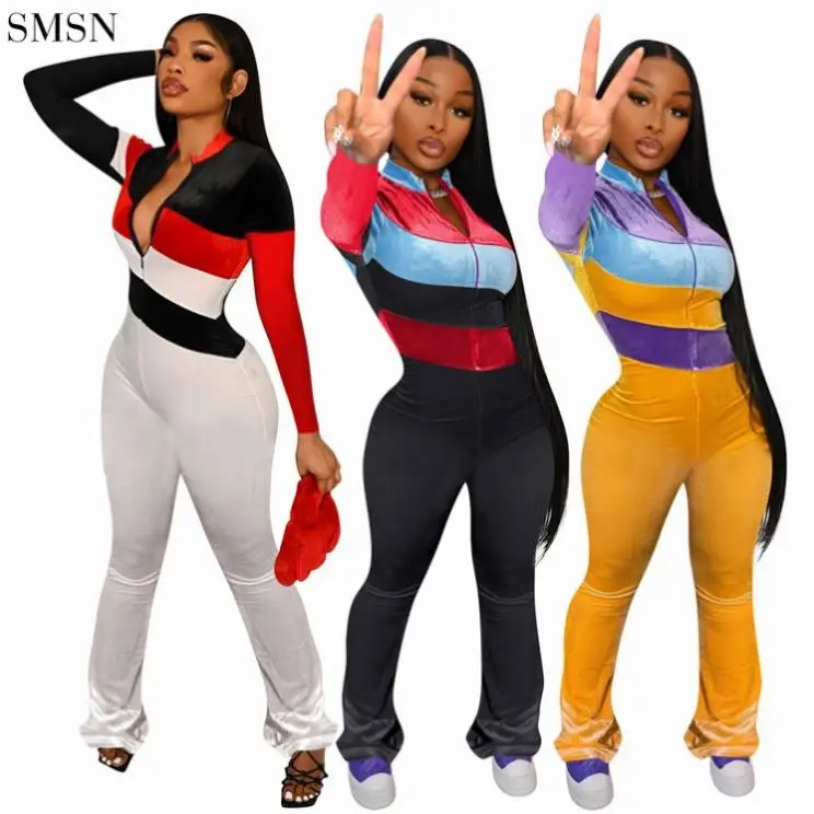 

Women Clothing Wholesale 2021 Fall Sexy Velvet Patchwork Zipper Casual Rompers Women Bodycon Jumpsuits
