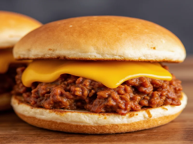 Close-up of homemade sloppy joe mix on toasted buns with melted cheddar